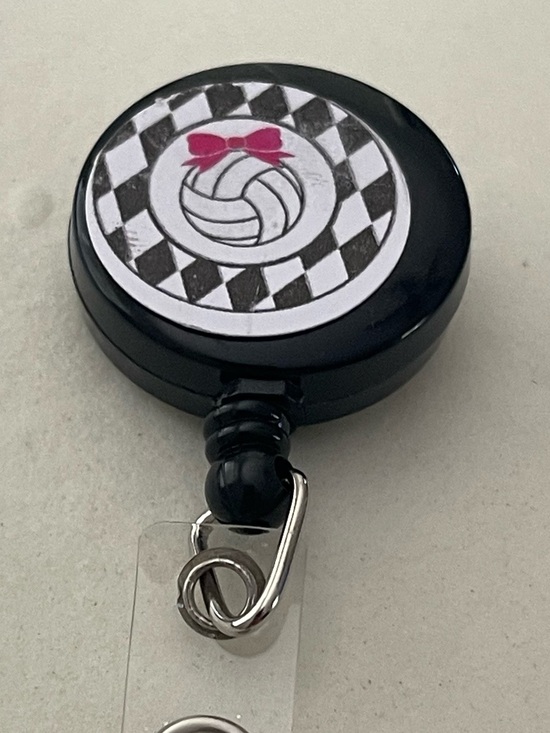 Accessories - Black Round Retractable Badge Reel with Pink Bow Volleyball Graphic
